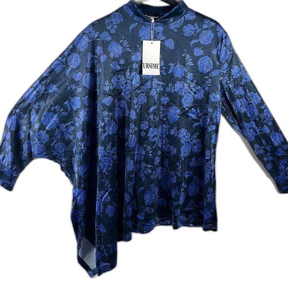 Ursime Velvet Top Large Asymmetrical Dolman Sleeve Floral Mock‎ Neck Art to Wear - Picture 5 of 11